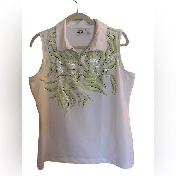 Chico’s RARE silver foil & lime golf blouse lightweight sz 2 (12-14) - Picture 6 of 6